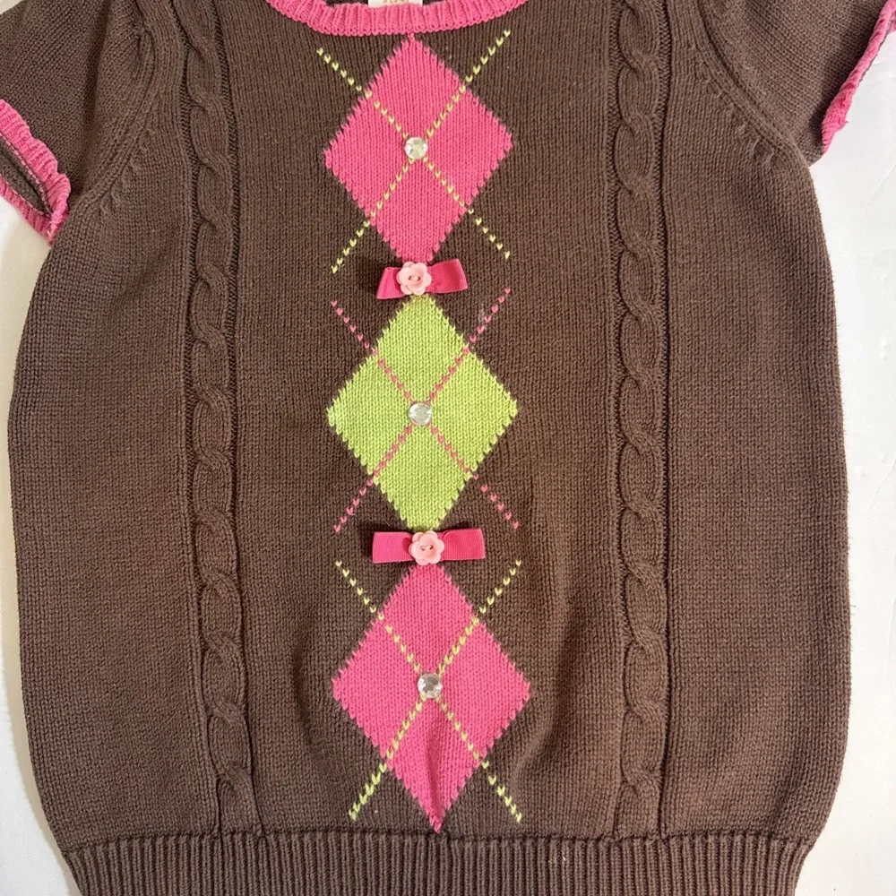 Vintage Gymboree Girl's Gem Bow Argyle Short Sleeve Sweater‎ Equestrian Size 5-6